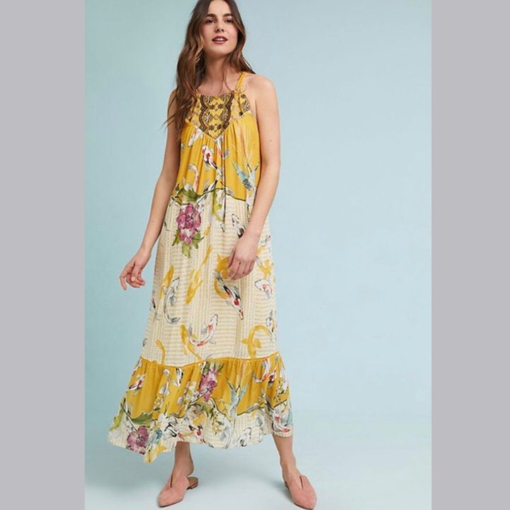 Anthropologie Yellow Halter Smocked Maxi Dress